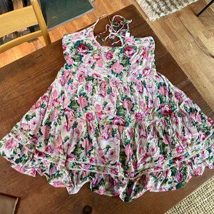 VINTAGE Pink Floral Mini-Dress with Ruffles Printed Both Sides Size XS
